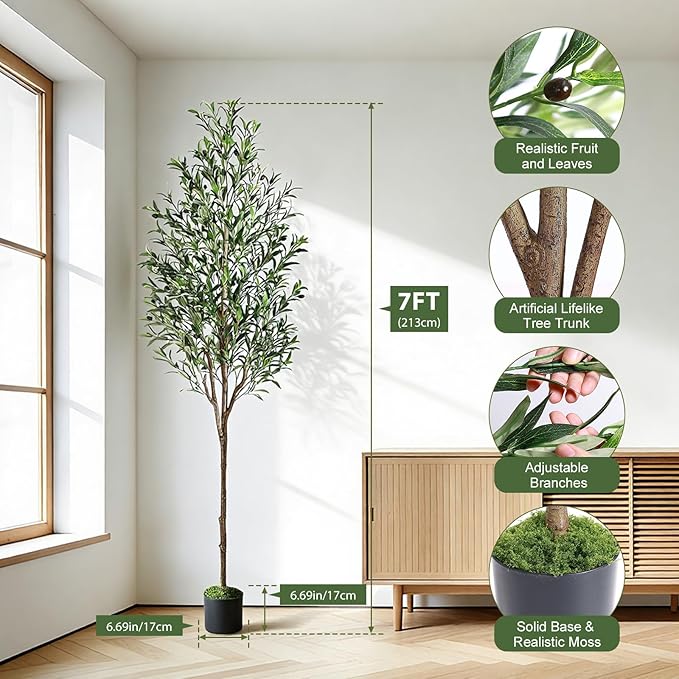 Alupssuc 7ft Olive Tree Artificial Indoor, Fake Tree Potted Faux Olive Trees with Lifelike Fruits and Realistic Leaves, Artificial Plants Indoor Fake Plants for Modern Home Office Living Room Decor