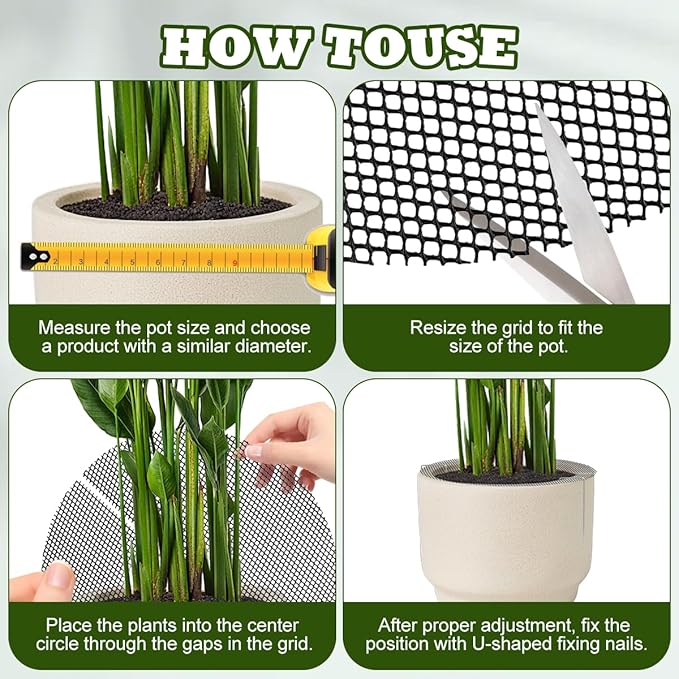 6 Pack Plant Pot Grids with 18 U-Shaped Nails, 11.8 Inch Cuttable Soil Cover Protector from Cats and Animals, Indoor Plant Pot Soil Guard for Outdoor Garden Balcony Adapts to Different Pot Sizes