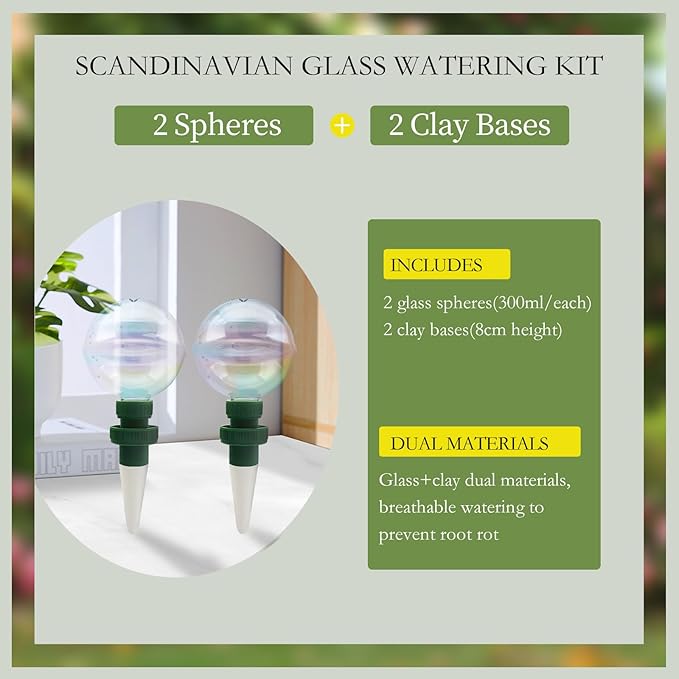 2 Pack Glass Self-Watering Globes for Plants, 6oz Automatic Plant Waterer Bulbs with Terracotta Slow Release Spikes, Vacation Indoor Outdoor Houseplant Watering Devices