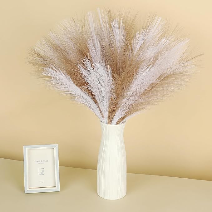 SeptCat 60 Pcs Pampas Grass Decor 21.7" Fluffy Faux Short Brown White Pampas Grass Artificial Small Pompas Grass Flower Vase Filler for Home Wedding Decoration
