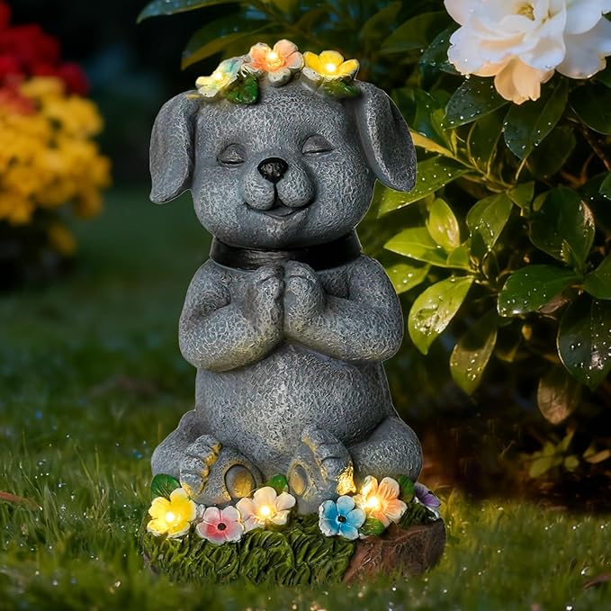 Meditating Dog Garden Statue with Solar LED Lights - Zen Yoga Puppy Figurine with Succulents, Waterproof Resin Decor, 8.7" Outdoor Sculpture, Heartwarming Dog Lover Gifts for Women, Mom, Yard Art
