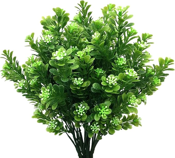 PASYOU Artificial Shrubs, Plastic Plants Fake Bean Shrub Bushes Grass Greenery Leaves Bush Indoor Outdoor Home Garden Party Verandah Wedding DIY Table Arrangement Decoration Planter Filler 4 Pack