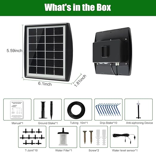 Solar Automatic Drip Irrigation Kit System, JIYANG Solar Powered Auto Easy DIY Watering Device Supported Pots Plants, 6 Timing Modes with Anti-Siphoning Device (Supported 10 Pots, 6Timing Modes)
