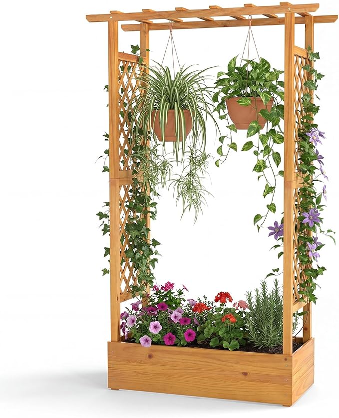 Happygrill 70” Raised Garden Bed with Trellis, Wood Planter Box w/Hanging Roof, 2 Side Trellises, Open-ended Base for Flower, Vegetable, Vine Climbing Plant, Vertical Plant Container for Garden, Patio