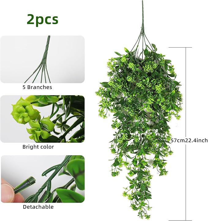 RECUTMS Fake Hanging Plants 2Pcs Outdoor Greenery Artificial Hanging Flower for Outdoors Hanging Basket Artificial Hanging Plants Plastic Home Garden Wedding Party Shelf Aesthetic Decorations(Green)