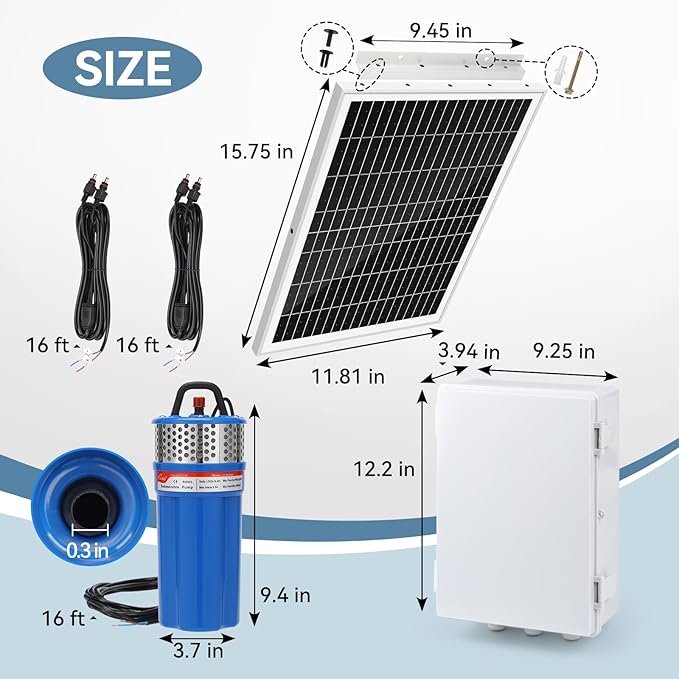 Solar Well Pump Kit with Timing Function, Submersible Pump, Four Solar Panels with Fixed Bracket, Thickened Waterproof Box with Upgraded Controller, Battery, and Timer for Well and Irrigation