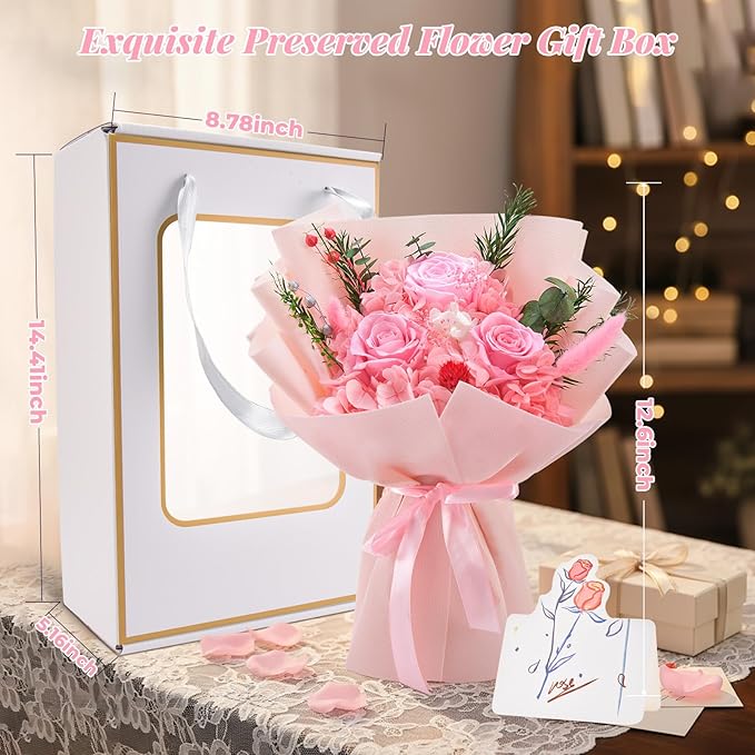 Preserved Flowers Bouquet, Flowers for Delivery,Handmade Pink Rose Bouquets Lasting 3-5 Years, Luxury Gift Box,Birthday Flowers Gifts for Women Mom Grandma Wife Friends