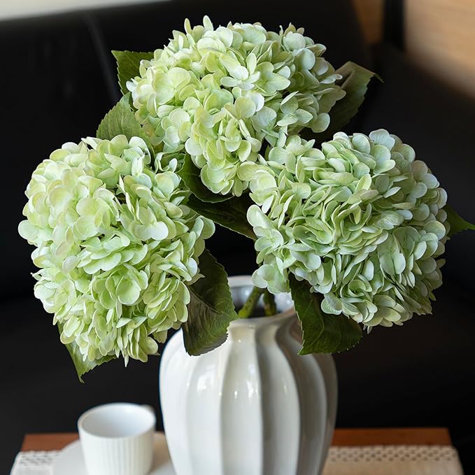 DUYONE 3PCS 22 inch Lifelike Artificial Hydrangea Large Flowers Artificial Flowers Dry Flowers Outdoor Wedding Christmas Office Family Party Living Room Table Decoration (Light Green)