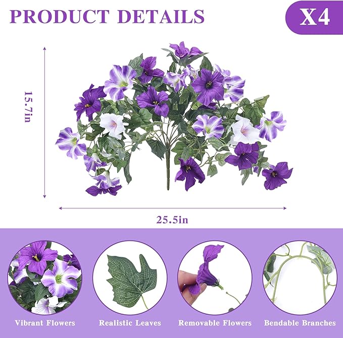 CEWOR 4pcs Artificial Flowers Plants for Outdoor Indoor, Fake Silk Flowers UV Resistant Faux Petunias Flower for Garden Front Door Porch Planter Patio Home Decor (Purple White)