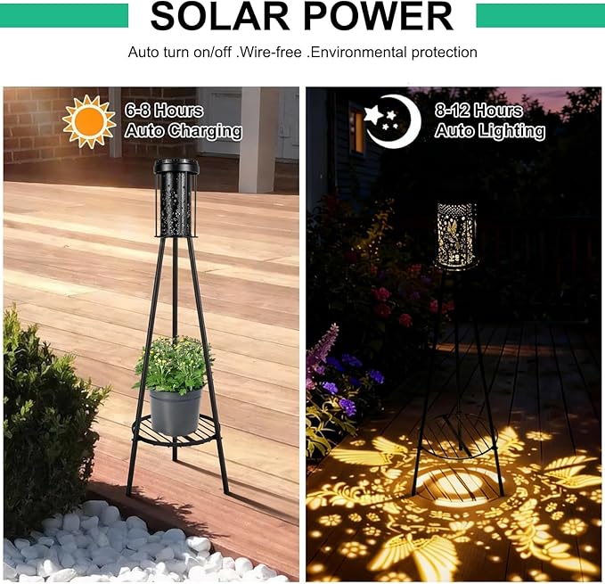 Outdoor Solar Floor Lamps RGB Color-Changing Hummingbird Projection Metal Plant-Stand Garden Light,42.5" Waterproof Decorative Solar Lamp for Patio,Deck,Yard,Porch,Path,2 Pack
