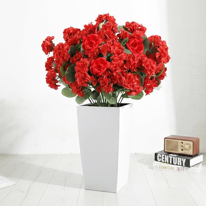 14Pcs Geranium Artificial Flowers for Outdoors Decoration Geranium Silk Flowers Outsides UV Resistant Garden Plants Faux Flower for Front Door Garden Porch Planter Patio Balcony Yard Indoor Home (Red)