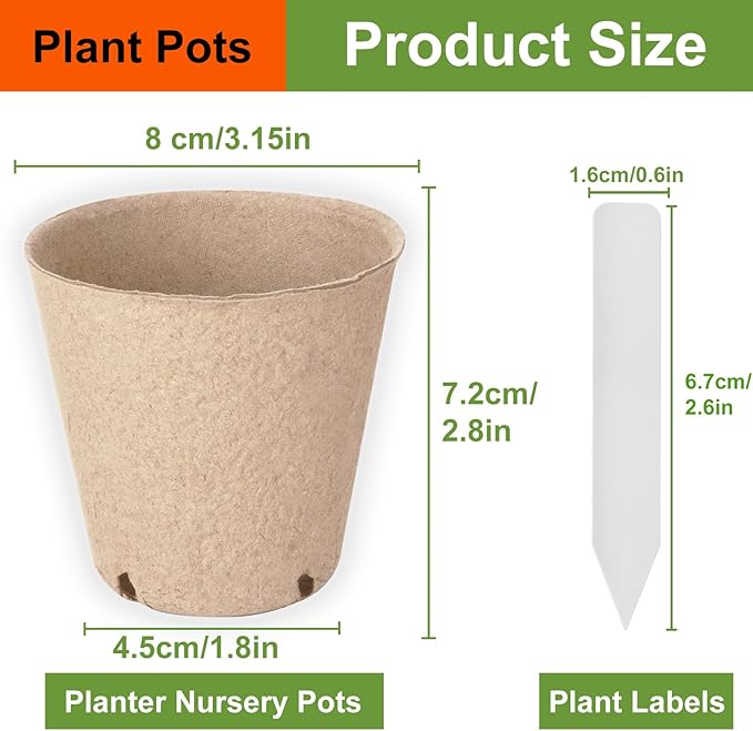 132 Pack Organic Peat Pots, 3.15 Inch Plant Starter Round Nursery Pot with Drainage Holes, Seedling Nursery Box, Seed Starting Tray, Bulk Garden Germination Paper Pulp Container with 132 Plant Labels