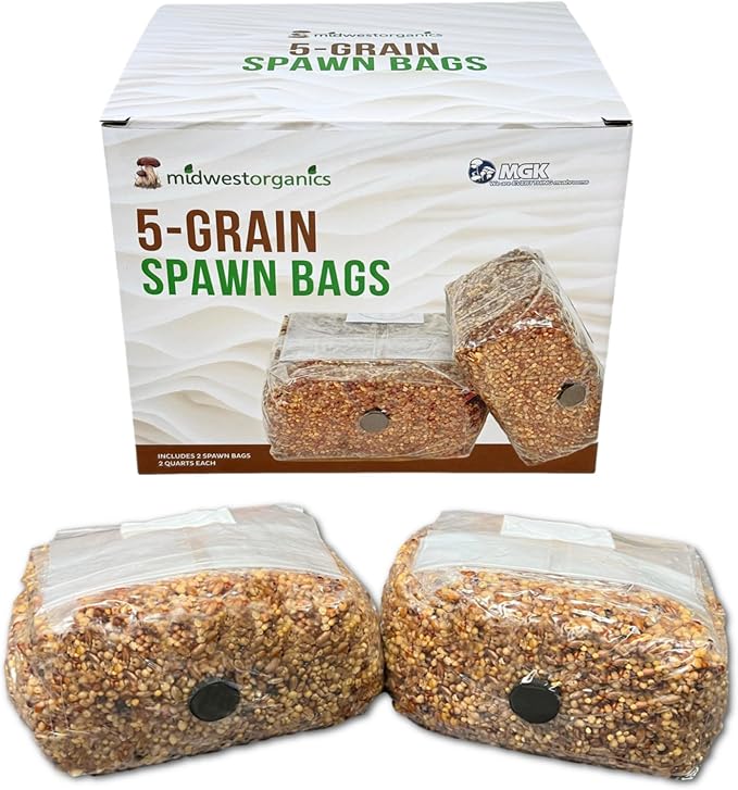 Myco Labs Premium 5-Grain Mushroom Spawn Bags | Sterilized Grain Spawn | Injection Ports | 2 Quarts Each Bag | 2 Bags per Box