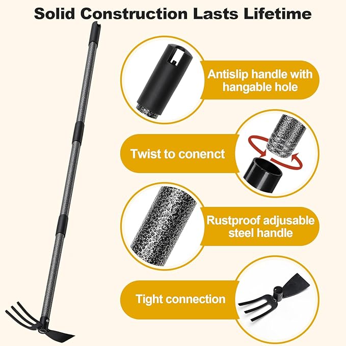Hoe and Cultivator - 60” Long Handle - Heavy Duty Garden Hoe Tiller, Standing Hoe Garden Tools Durable Cultivator Hoes Hand Rake Fork for Gardening Weeding Planting Loosening Soil