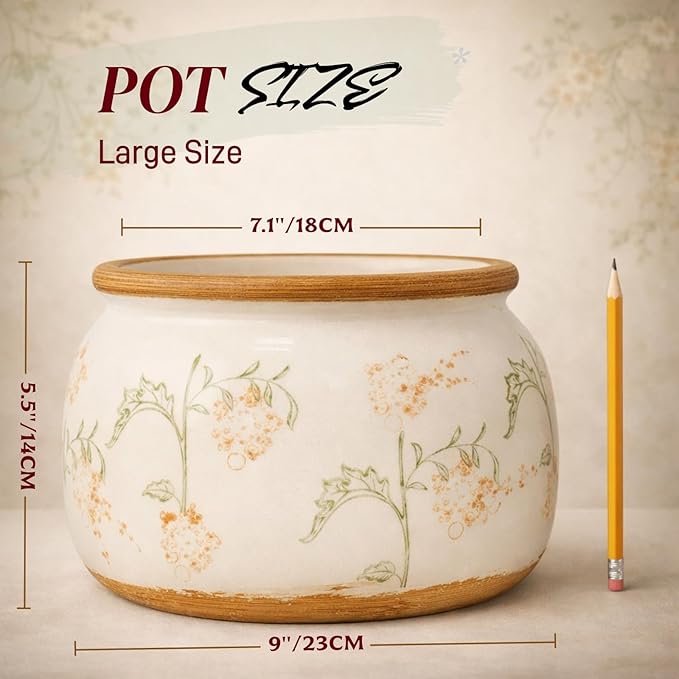 Vintage Ceramic Flower Pot - Indoor Outdoor Planters with Drainage Holes & Filter Screen, 9’’ Large Rustic Farmhouse Decorative Plant Pots for Garden/Patio/Balcony (Daisy Bouquets, Large)