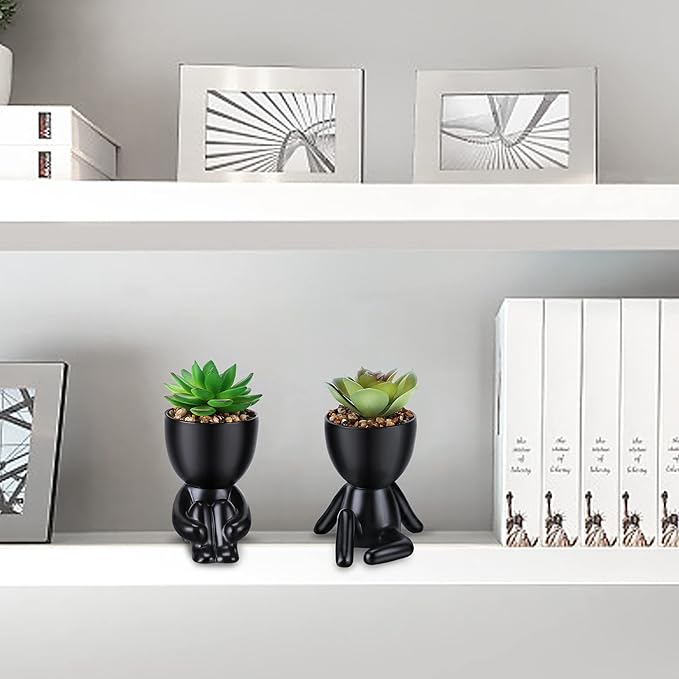 Fake Succulent, Mini Succulents Plants Artificial in Black Modern Human Shaped Ceramic Pots Desk Decor Desk Plant for Office Decor for Women, Cute Fake Plants Bathroom Decor 2PCS