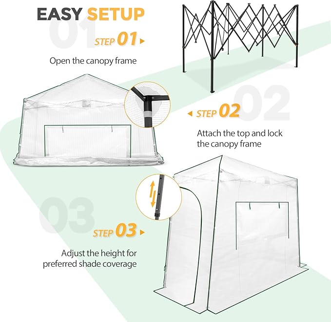 EAGLE PEAK 9x4 Portable Walk in Greenhouse, Pop Up Indoor Outdoor Greenhouse, Green House Kit with Zippered Roll-Up Doors and Windows, Lean-to Design, PE Cover, Clear/White