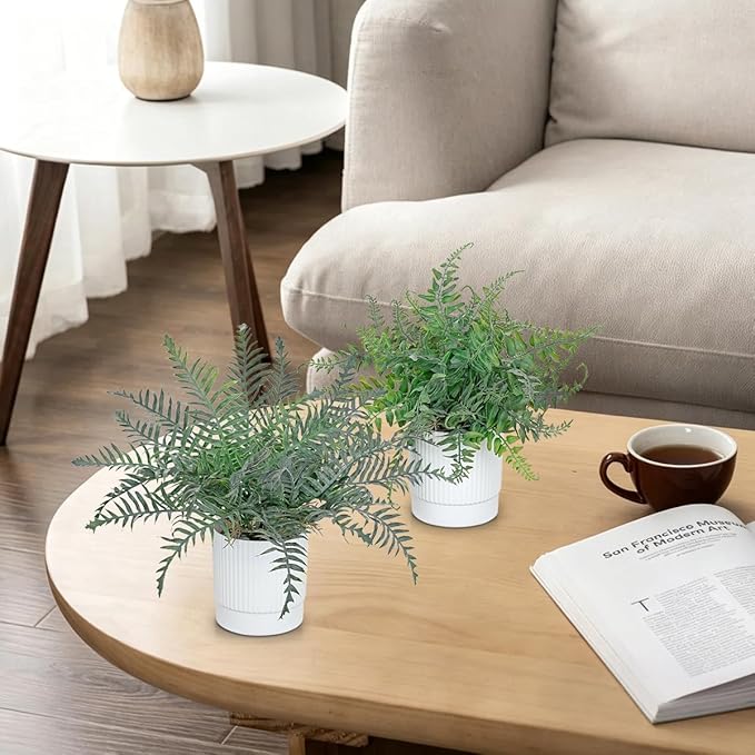 GnFlus Set of 2 Fake Plant Boston Fern Potted Artificial Plants Small Artificial Desk Plant with Potted Pots for Shelf Desk Home Bathroom Farmhouse Room Office Kitchen Farmhouse Coffee Table Decor