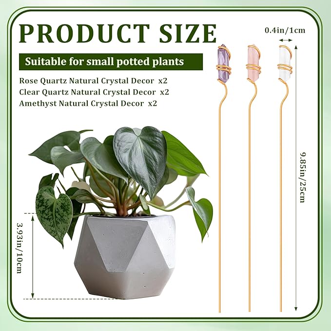 Threehoney 6 Pcs Crystal Plant Trellis for Potted Plants, 9.84'' Metal Plant Stakes with Natural Crystal Suncatcher, Indoor Outdoor Climbing Vegetation Support Stake for Home Garden Decor Gift