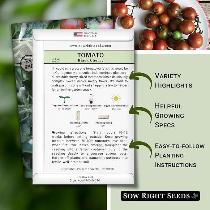 Sow Right Seeds - Black Cherry Tomato Seeds for Planting - Non-GMO Heirloom Packet with Instructions to Plant a Home Vegetable Garden - Tasty Snacking Variety, Start Indoors - Indeterminate (2)