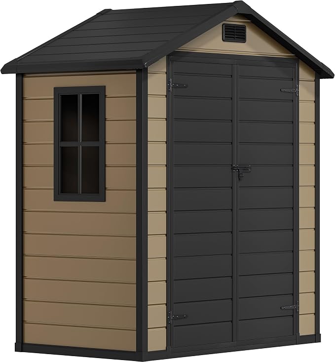 DWVO 6x4 FT Storage Shed Plastic with Floor, Outdoor Storage Shed with Lockable Door, Window and Vents, Waterproof Plastic Tool Storage for Garden, Patio, Backyard, Lawn