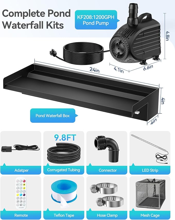 POPOSOAP Pond Waterfall Kit with Colorful LED Lights & 1200GPH Pond Pump, APP & Remote Control, Auto Timer, Pond Waterfall Spillway with 9.8FT Corrugated Tube for Pool, Garden, Patio, Backyard-P46DC