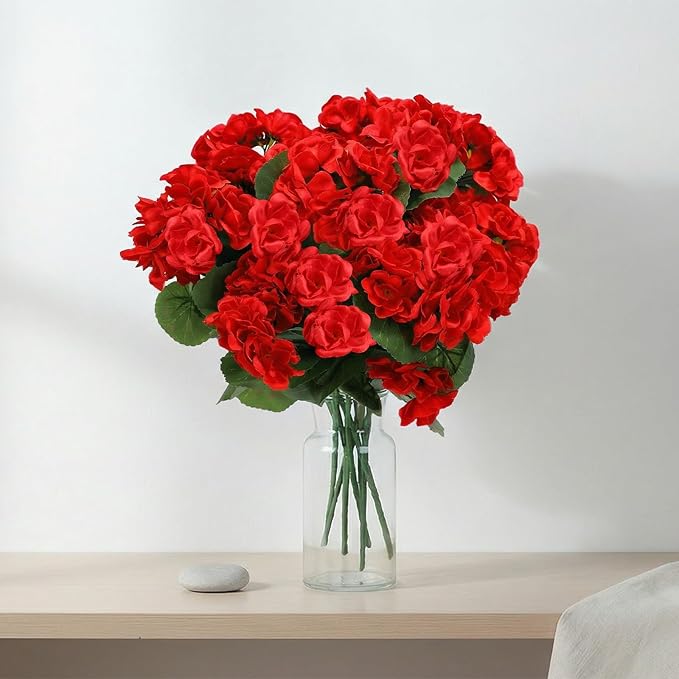 7Pcs Geranium Artificial Flowers for Outdoors Decoration Geranium Silk Flowers Outsides UV Resistant Garden Plants Faux Flower for Front Door Garden Porch Planter Patio Balcony Yard Indoor Home (Red)