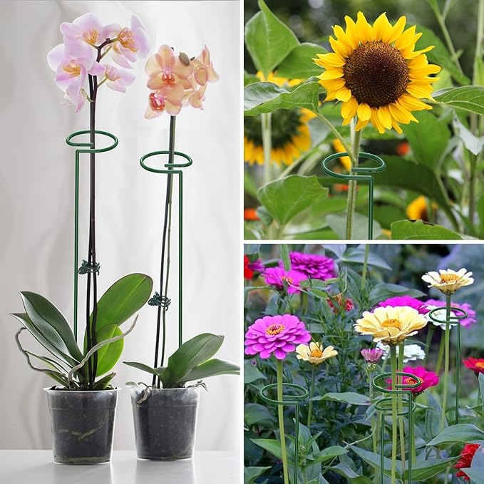 Unves 12 Pack Plant Stakes, 15.75 Inch Green Single Stem Flower Garden Plant Support with 100 Pcs Twist Ties, Plants Cage Support Rings for Amaryllis Orchid Peony Rose