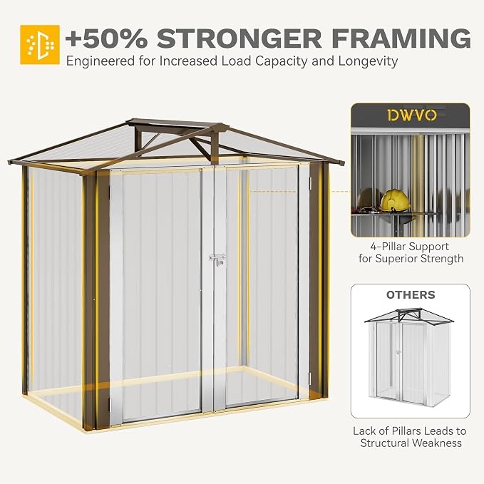 DWVO 6x4ft Outdoor Storage Shed, Lockable Metal Tool Storage Sheds, Waterproof Garden Sheds with Vents for Backyard, Patio, Garage, Lawn, Brown