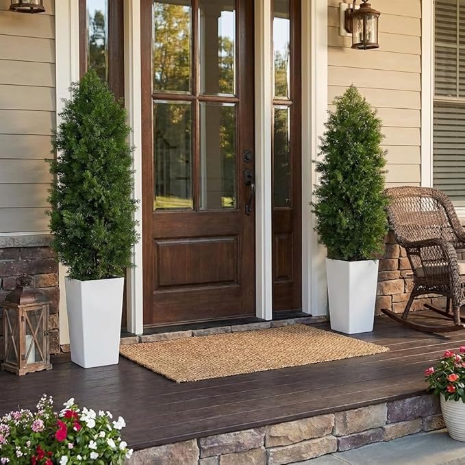Aveyas 5ft Artificial Cedar Topiary Trees, 5 ft Faux Potted Plants Evergreen Fake Pine Cypress Tree for Outdoor Porch Home Outside Door Decor (5 Feet Tall Including Raised Pot) - Set of 2 Pack