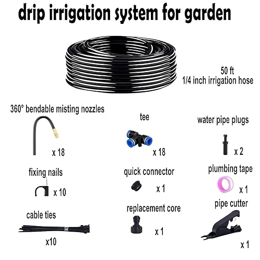 Drip Irrigation System for Garden, 50 ft Garden Watering System Drip Irrigation Kit, with 18pcs 360° Bending Mister Nozzles, for Lawn Yard Flower Green Houses Plants