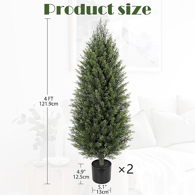 Hollyone Artificial Topiary Cedar Trees 4FT Tall Faux Cedar Cypress Plants Tree Fake Pine Shrubs Plant Potted for Outdoor Indoor Front Porch Home Living Room Decor, Set of 2