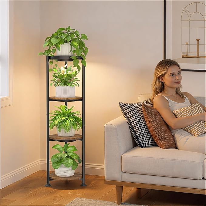 iDavosic.ly 4 Tier Plant Stand Indoor with Grow Light, 30 Inch Tall Vertical Corner Metal Flower Heavy Duty Pot Holder Shelf, Modern Black & Rustic Brown - Round
