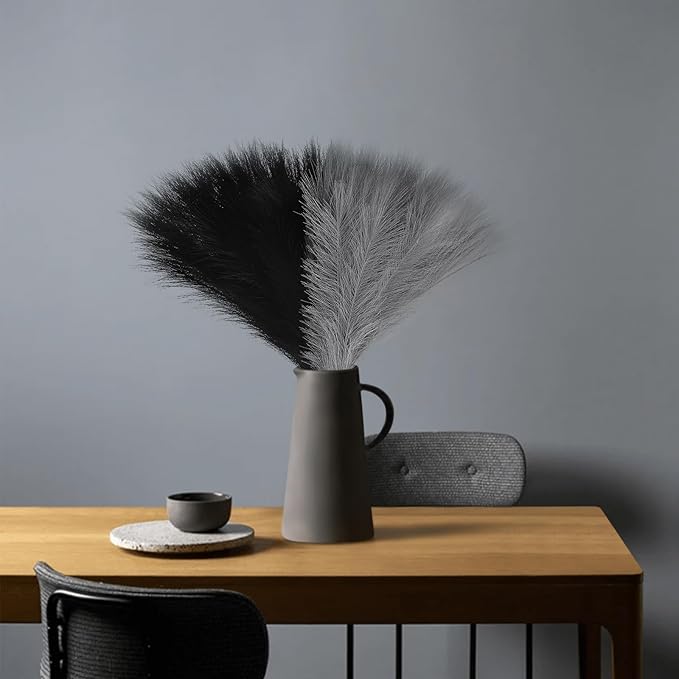 SeptCat 60 Pcs Pampas Grass Black and Light Grey Decor 21.7" Fluffy Faux Short Pampas Grass Artificial Small Pompas Grass Flower Vase Filler for Home Wedding Decoration