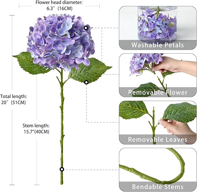 ZYTUYO 4 Pcs Bright Purple Real Touch Hydrangea Artificial Flowers Boho Lifelike Real Looking Latex Hydrangeas Flower with 20'' Long Stem for Indoor Xmas Home Decor Christmas Table Centrepiece