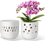 Set of 2 Orchid Pot, 5+6 Inch Orchid Pots with Holes, Orchid Pots for Repotting, Ceramic Flower Pots with Drainage and Tray, Planters for Indoor/Outdoor Plants - White