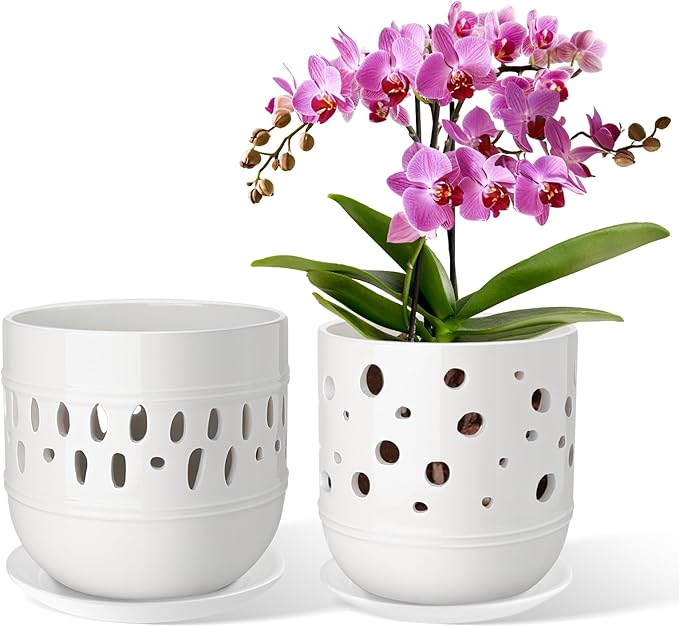 Set of 2 Orchid Pot, 5+6 Inch Orchid Pots with Holes, Orchid Pots for Repotting, Ceramic Flower Pots with Drainage and Tray, Planters for Indoor/Outdoor Plants - White