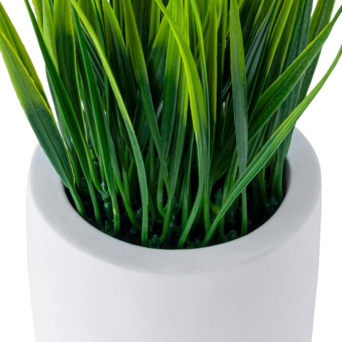MyGift Artificial Grass Plants in Modern Cylindrical White Cement Pots, Decorative Faux Greenery Plant in Tabletop Planter, Set of 2