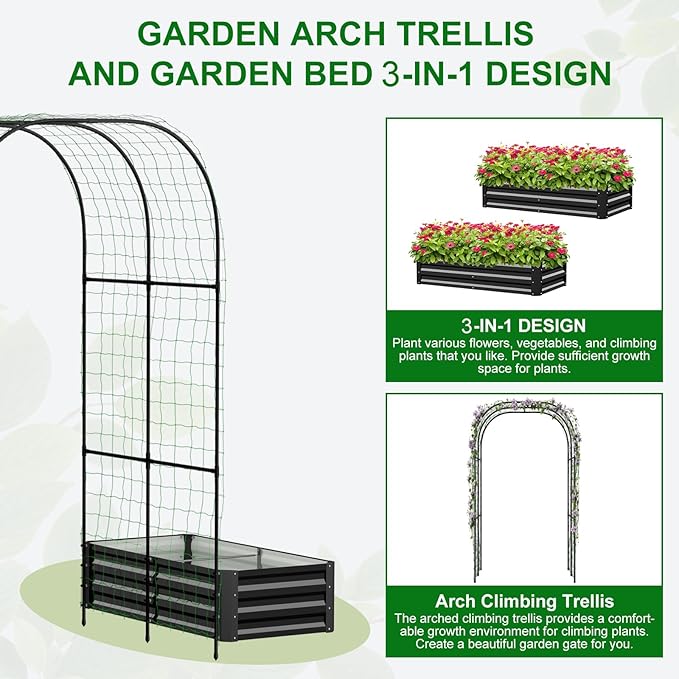 SUNYRISY Galvanized Raised Garden Bed with 87" H Arch Trellis for Climbing Plants Outdoor, Metal Planter Box with Netting for Gardening Flowers Vegetables Fruit, Black