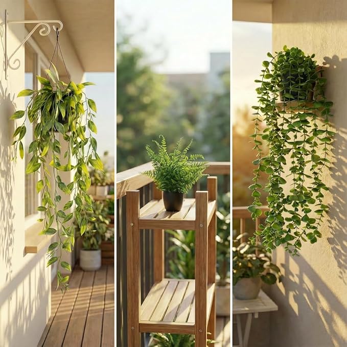 5 Pack Fake Plants - Artificial Hanging Plants & Small Potted Faux Eucalyptus Fern Ivy, UV Resistant Maintenance-Free, for Shelf Wall Desk Home Office Bathroom Indoor Outdoor Decor