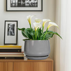 G EPGardening Ceramic Plant Pots - 9 Inch Modern Round Planter with Drainage and Plant Saucer for Indoor Outdoor Flower, Apartment Decor, Birthday Gifts, Grey