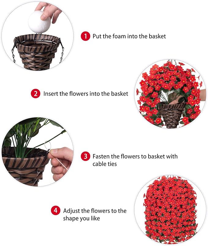 Artificial Hanging Flowers with Baskets for Decor, Fake Silk Red Hanging Daisy Orchid Flowers Plants, Faux Flower Centerpieces for Home Indoor Outdoor Garden Patio