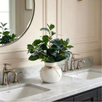 16.5'' Artificial Ficus Branch Arrangement, Real Looking Faux Plant with Glossy Green Oval Leaves, White Ceramic Vase with Rope Accent and Pebbles for Table Entryway Indoor Decor