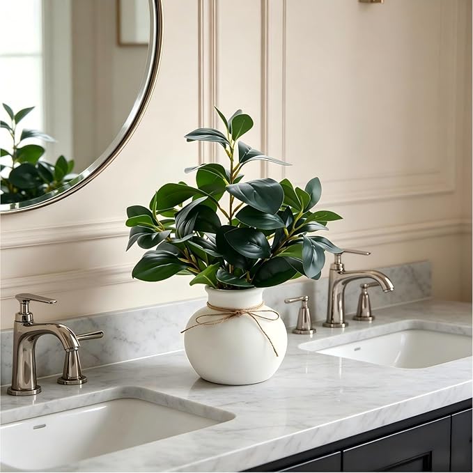 16.5'' Artificial Ficus Branch Arrangement, Real Looking Faux Plant with Glossy Green Oval Leaves, White Ceramic Vase with Rope Accent and Pebbles for Table Entryway Indoor Decor