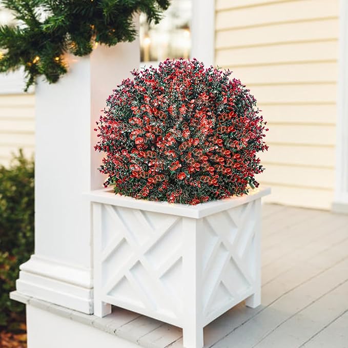 2 Pack 24" Red Rose Boxwood Topiary Ball Trees with Ground Stakes– UV Resistant Fake Shrubs & Bushes for Outdoor Porch, Front Door & Garden Planter Decor