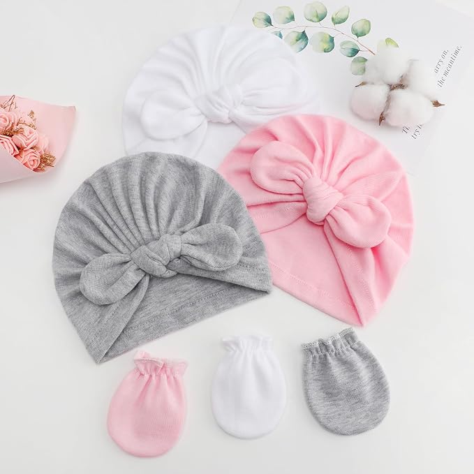 BQUBO Baby Turban Hats and Mittens Set Newborn Infant Hospital Hats Caps with Bows for Baby Boys Girls 0-12 Months