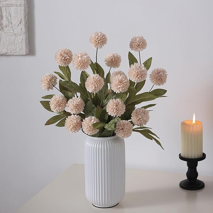 VIERENA 12 Pcs Faux Silk Pompon Mum Artificial Flowers for Vase -27", Bulk Fake Chrysanth Branches with Stems for DIY Bouquet Centerpieces Wedding Fillers Arrangements Shower Decorations (Beige)