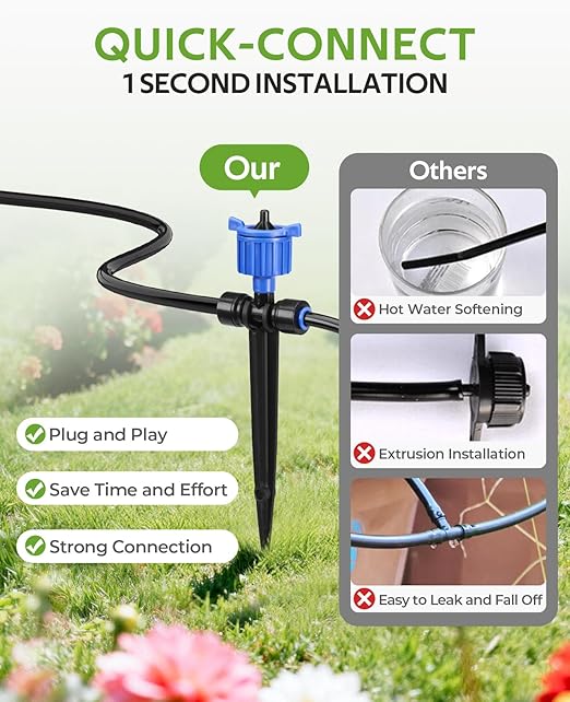 HIRALIY 100FT Pressure Compensated Drip Irrigation System with Timer, No-Leak Quick Connect Automatic Watering System, 24 Adjustable Emitters for Uniform Flow, Garden, Patio, Raised Bed
