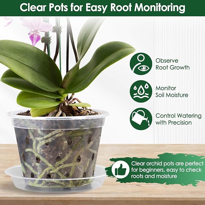 12 Pack Plastic Orchid Pots with Holes,5 Sizes 3, 4, 5, 6,7 Inch Clear Orchid Pots for Repotting with Saucers Drainage and Plant Stakes, Large Small Breathable Orchids Planter Plant Pot