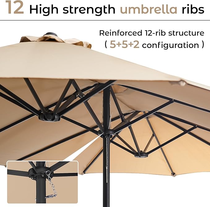 DomeShade 15ft Patio Umbrella with Base,Large Outdoor Double-Sided Rectangle Umbrella with Crank Handle, Market Umbrella for Poolside Garden Deck Backyard Beach Pools, Beige